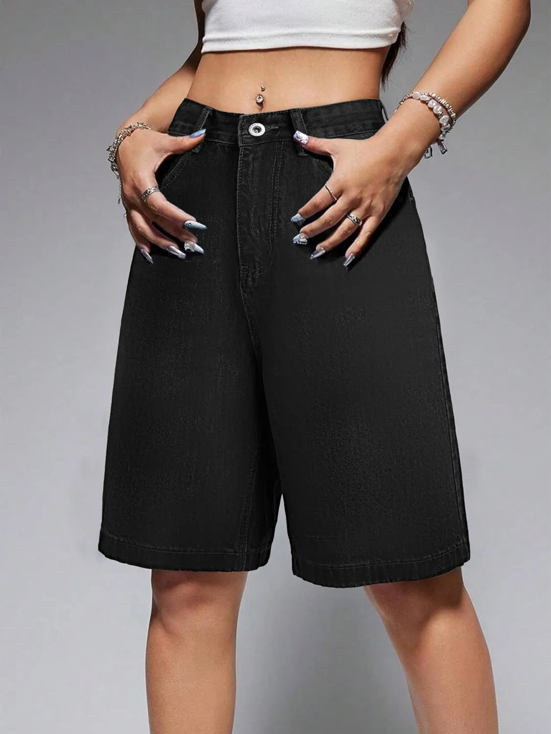 EMMIOL Women Jorts Baggy Jeans Shorts Mid-Low Waisted Denim Y2K Hip-Hop Shorts Summer Hot Short Pants Streetwear