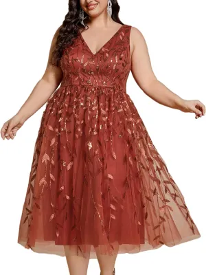 Ever-Pretty A Line V Neck Sleeveless Sequin Plus Size Midi Summer Cocktail Wedding Guest Dresses for Curvy Women 02106-DA