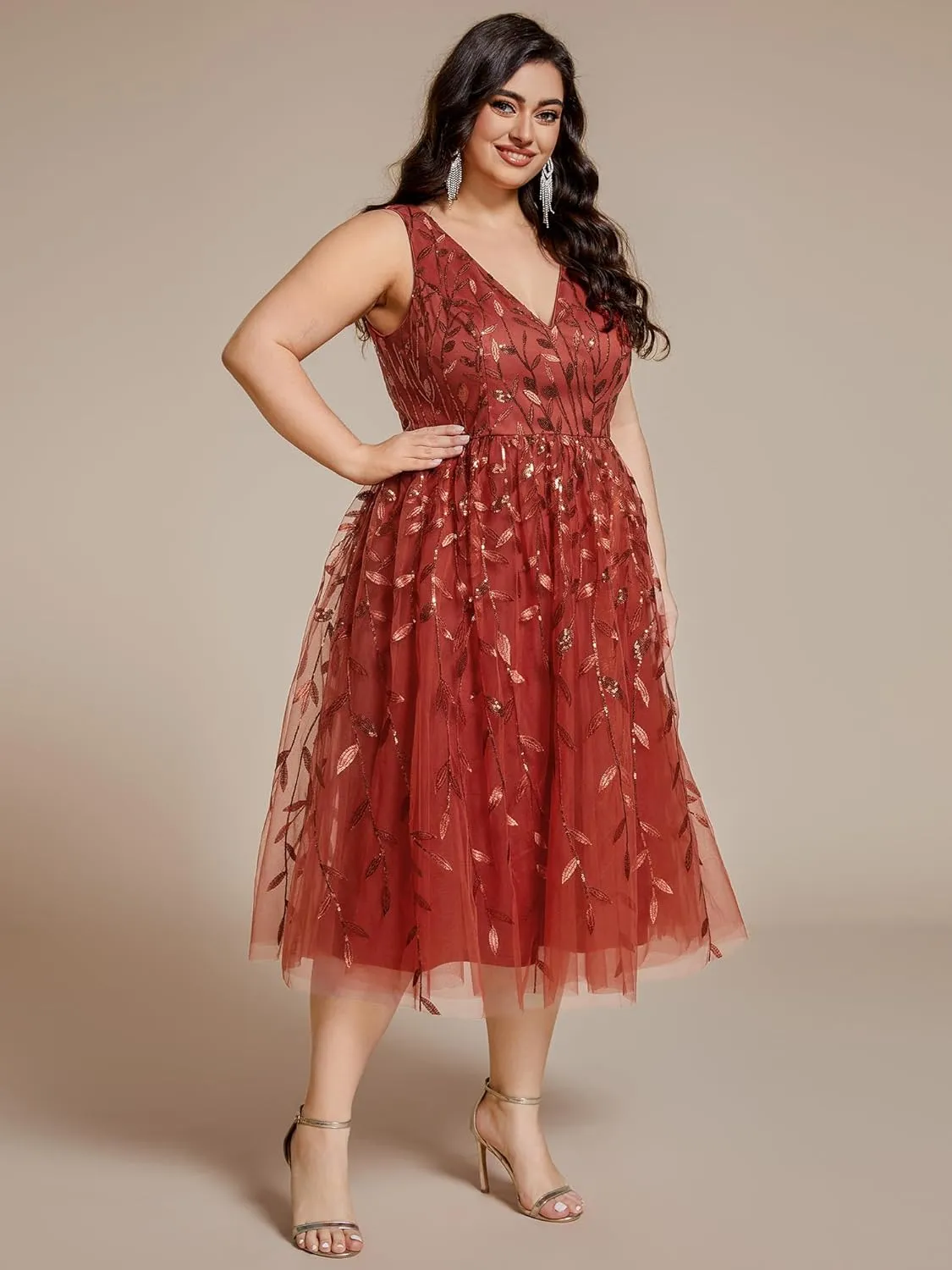 Ever-Pretty A Line V Neck Sleeveless Sequin Plus Size Midi Summer Cocktail Wedding Guest Dresses for Curvy Women 02106-DA