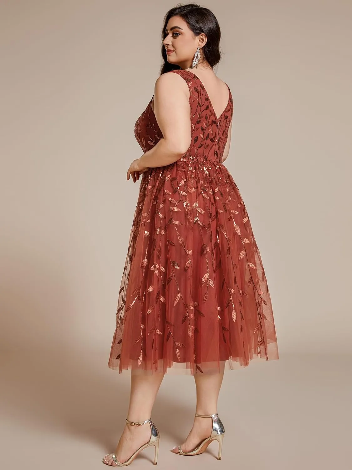 Ever-Pretty A Line V Neck Sleeveless Sequin Plus Size Midi Summer Cocktail Wedding Guest Dresses for Curvy Women 02106-DA