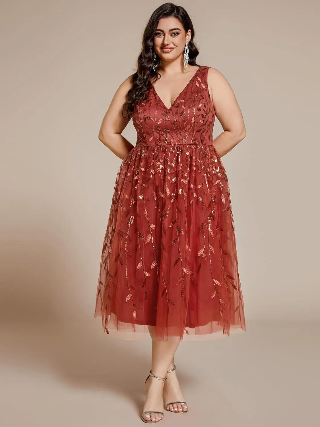 Ever-Pretty A Line V Neck Sleeveless Sequin Plus Size Midi Summer Cocktail Wedding Guest Dresses for Curvy Women 02106-DA
