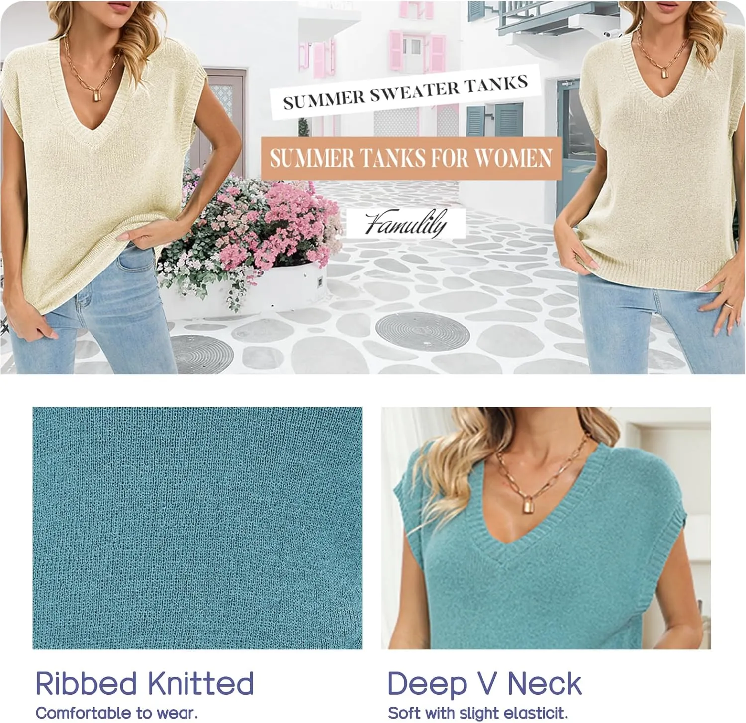 Famulily Deep V Neck Tanks for Women Casual Cap Sleeve Sweater Vest Summer Ribbed Knitted Tank Tops