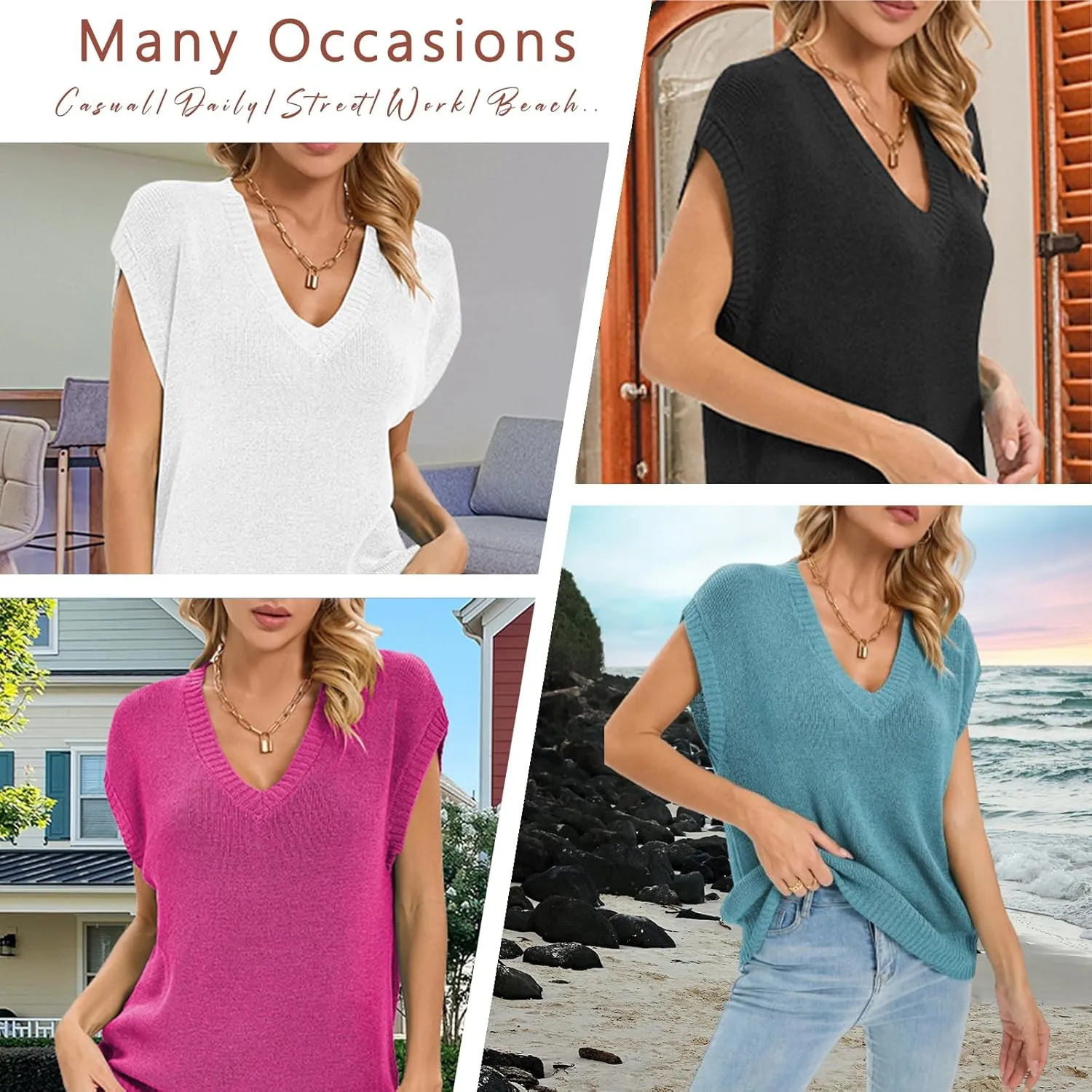 Famulily Deep V Neck Tanks for Women Casual Cap Sleeve Sweater Vest Summer Ribbed Knitted Tank Tops