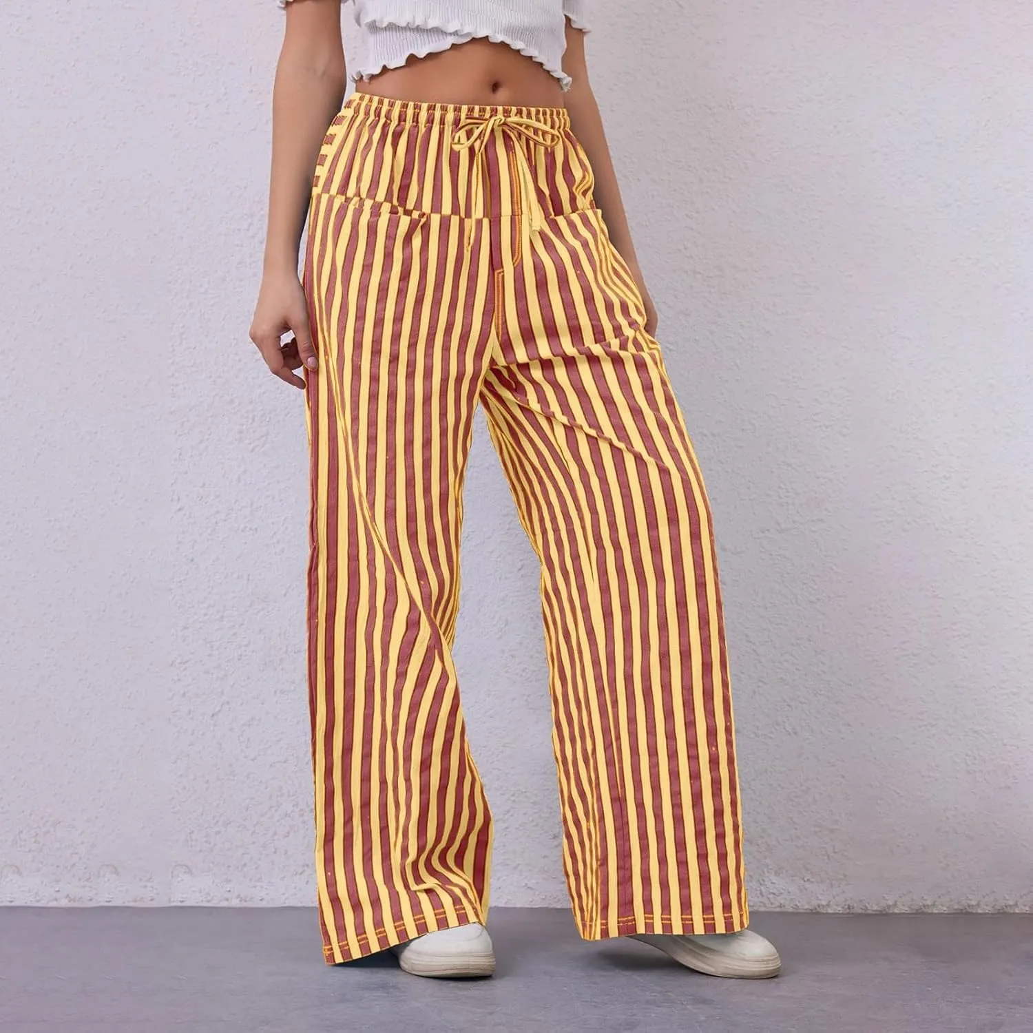 fanmpghleoo Drawstring Striped Pants Women Low Rise Wide Leg Pants Comfy Lounge Pants with Pockets Straight Leg Trousers