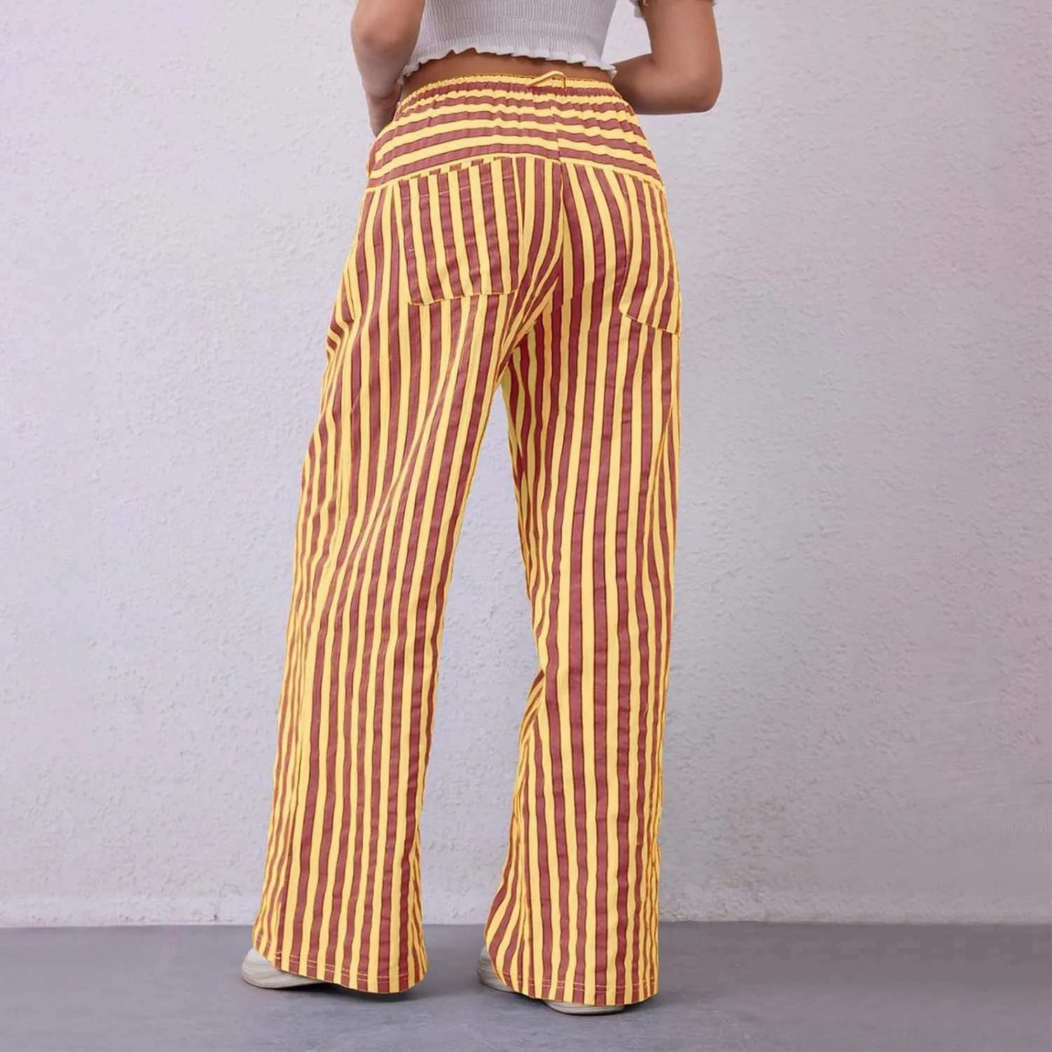fanmpghleoo Drawstring Striped Pants Women Low Rise Wide Leg Pants Comfy Lounge Pants with Pockets Straight Leg Trousers