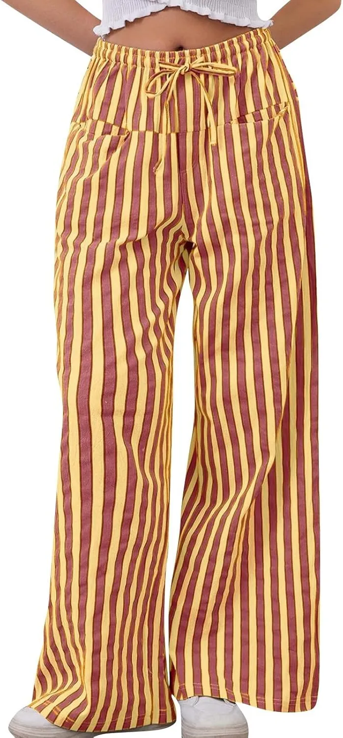 fanmpghleoo Drawstring Striped Pants Women Low Rise Wide Leg Pants Comfy Lounge Pants with Pockets Straight Leg Trousers