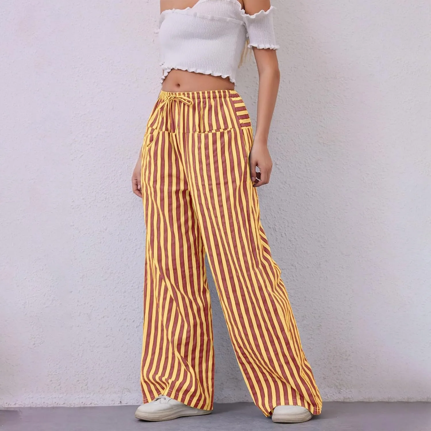 fanmpghleoo Drawstring Striped Pants Women Low Rise Wide Leg Pants Comfy Lounge Pants with Pockets Straight Leg Trousers