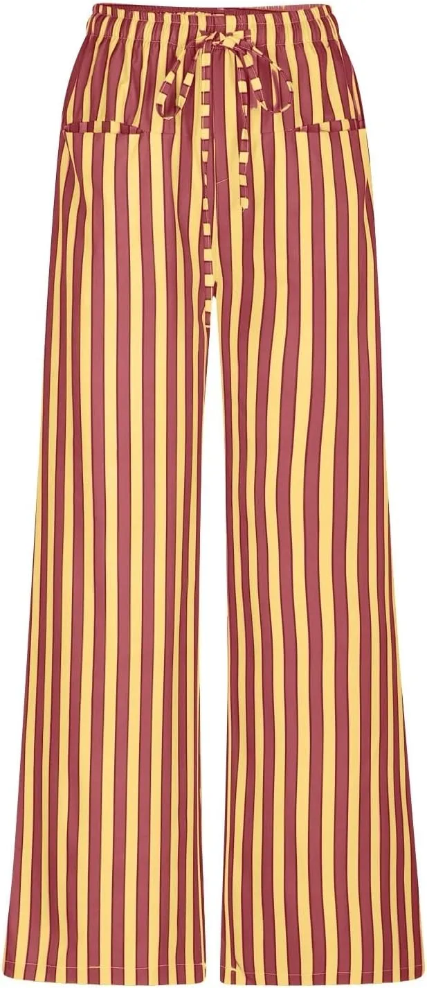 fanmpghleoo Drawstring Striped Pants Women Low Rise Wide Leg Pants Comfy Lounge Pants with Pockets Straight Leg Trousers