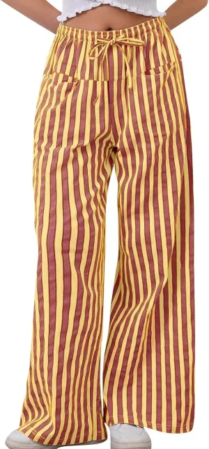 fanmpghleoo Drawstring Striped Pants Women Low Rise Wide Leg Pants Comfy Lounge Pants with Pockets Straight Leg Trousers