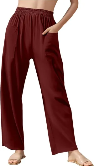 fanmpghleoo Linen Pants Women Casual Elastic Waist Wide Leg Linen Pants for Women Baggy Lightweight Lounge Pants with Pockets