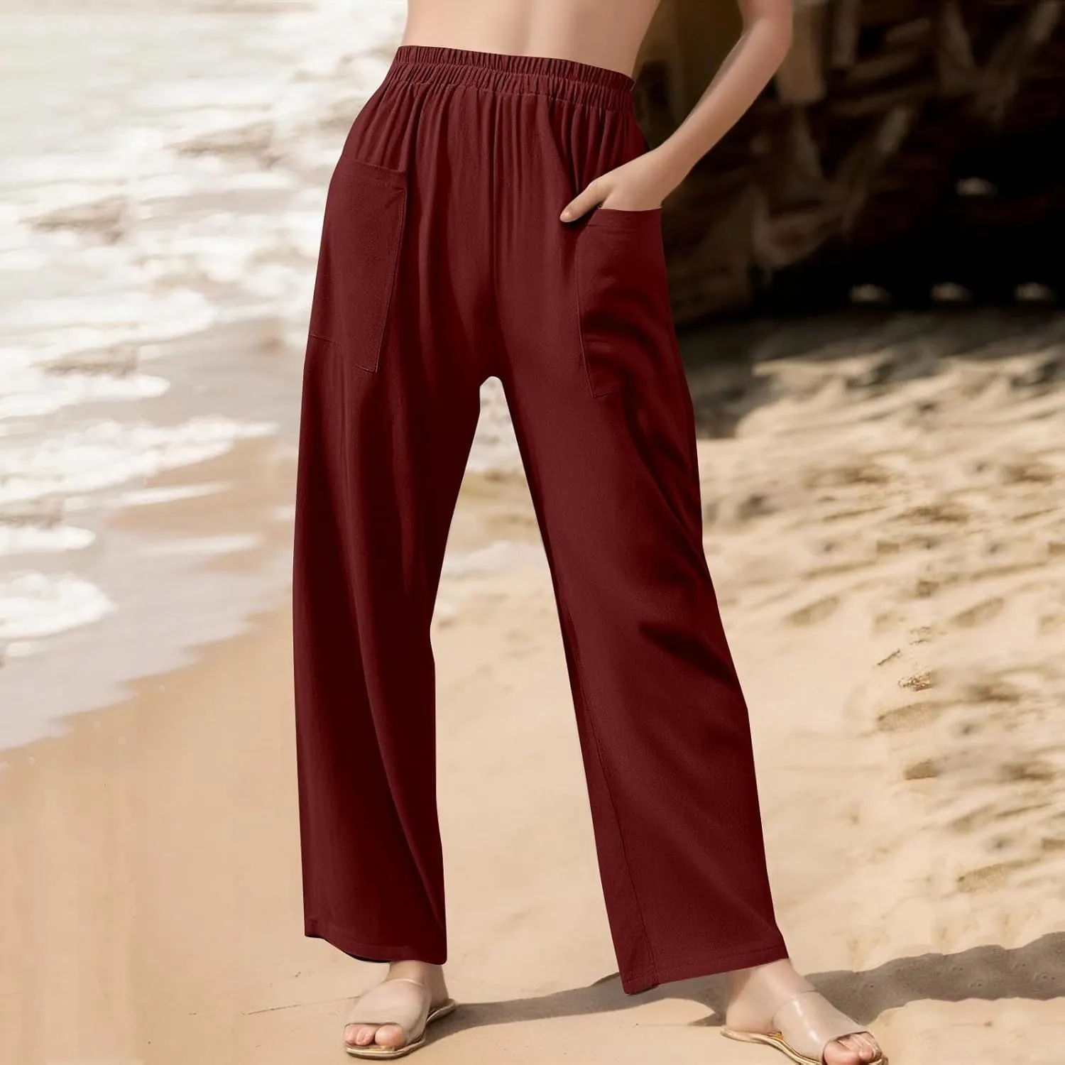 fanmpghleoo Linen Pants Women Casual Elastic Waist Wide Leg Linen Pants for Women Baggy Lightweight Lounge Pants with Pockets