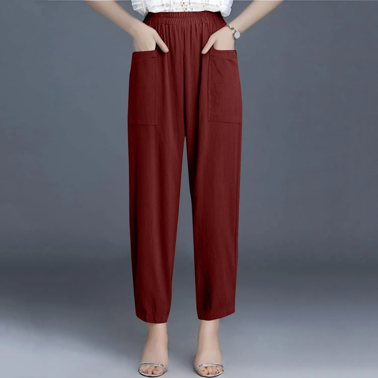 fanmpghleoo Linen Pants Women Casual Elastic Waist Wide Leg Linen Pants for Women Baggy Lightweight Lounge Pants with Pockets