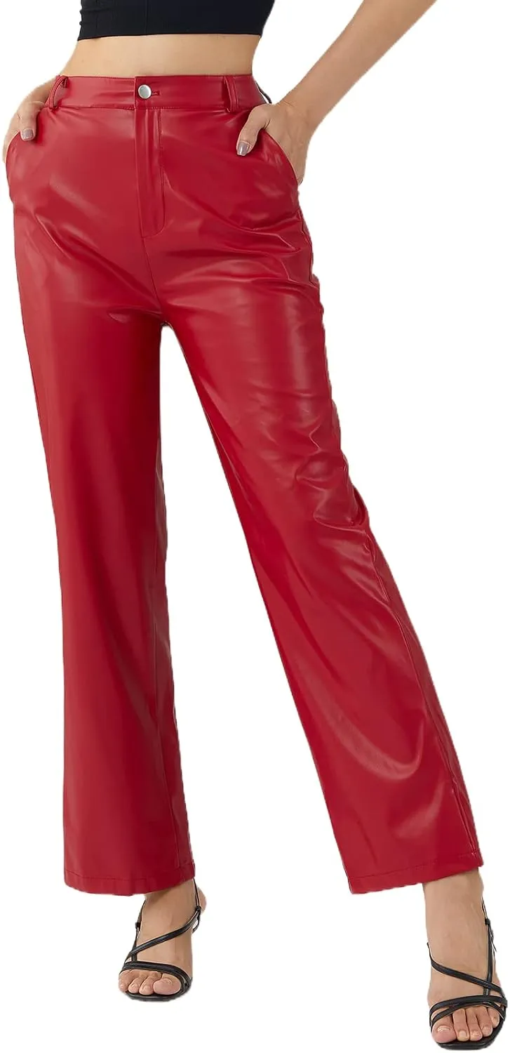 Faretumiya Faux Leather Straight Wide Leg Pants High Waist Casual Solid Color Zipper Pocket PU Trousers Women Streetwear Fall