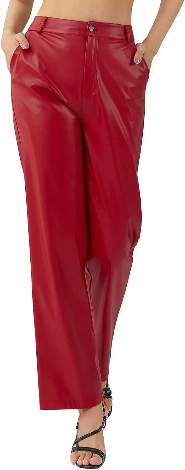 Faretumiya Faux Leather Straight Wide Leg Pants High Waist Casual Solid Color Zipper Pocket PU Trousers Women Streetwear Fall