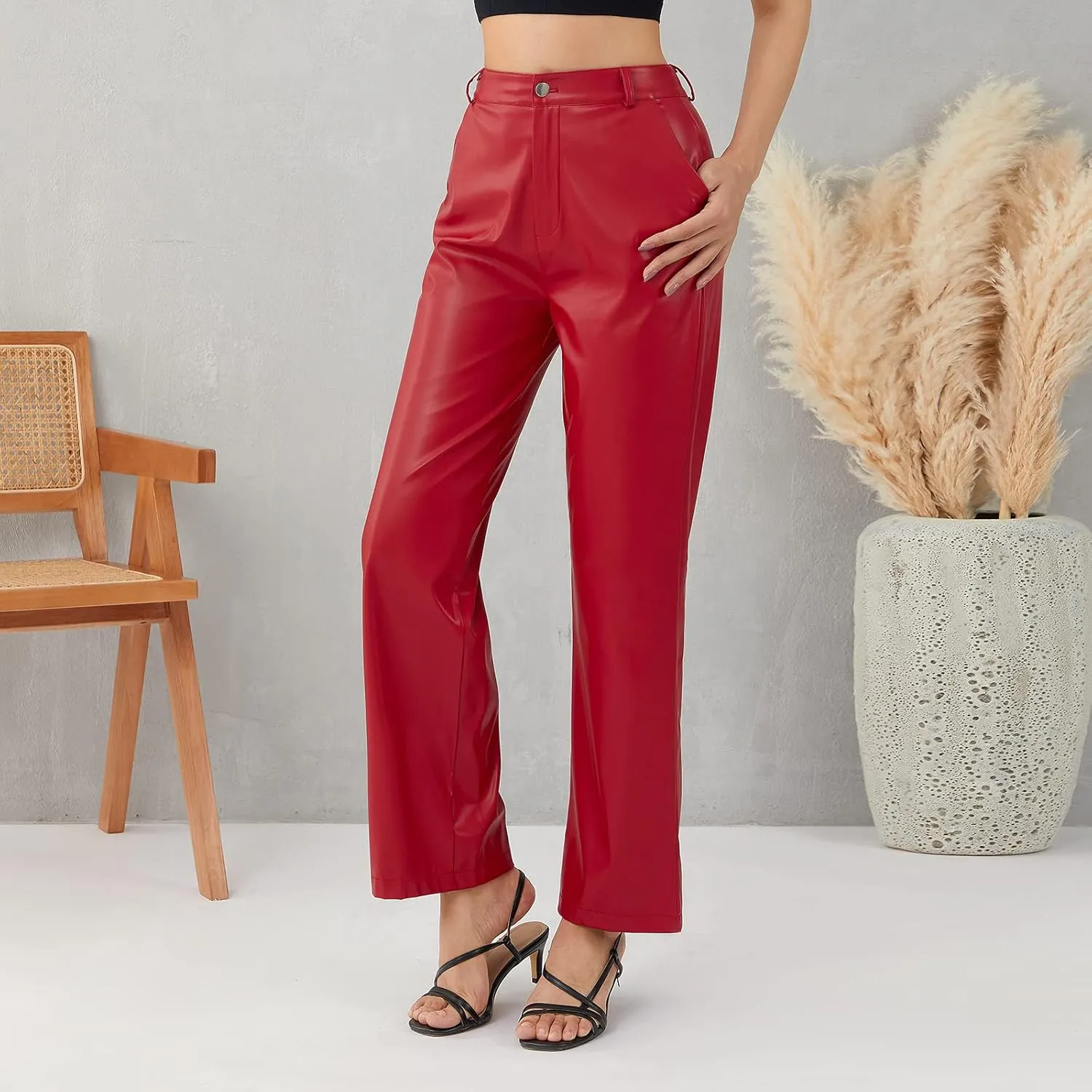 Faretumiya Faux Leather Straight Wide Leg Pants High Waist Casual Solid Color Zipper Pocket PU Trousers Women Streetwear Fall