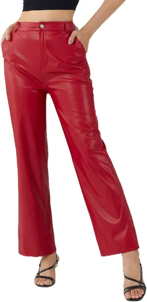 Faretumiya Faux Leather Straight Wide Leg Pants High Waist Casual Solid Color Zipper Pocket PU Trousers Women Streetwear Fall
