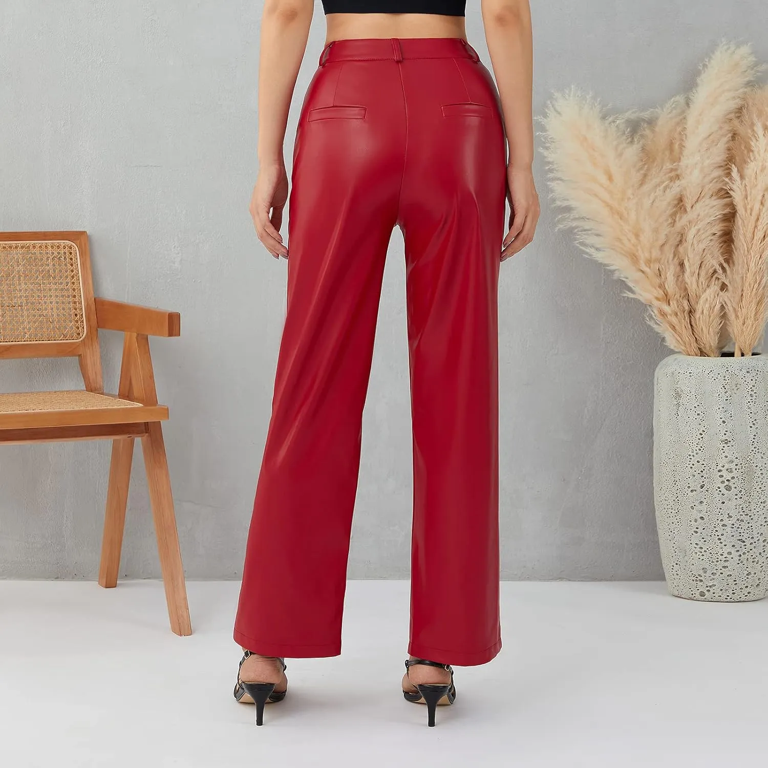 Faretumiya Faux Leather Straight Wide Leg Pants High Waist Casual Solid Color Zipper Pocket PU Trousers Women Streetwear Fall