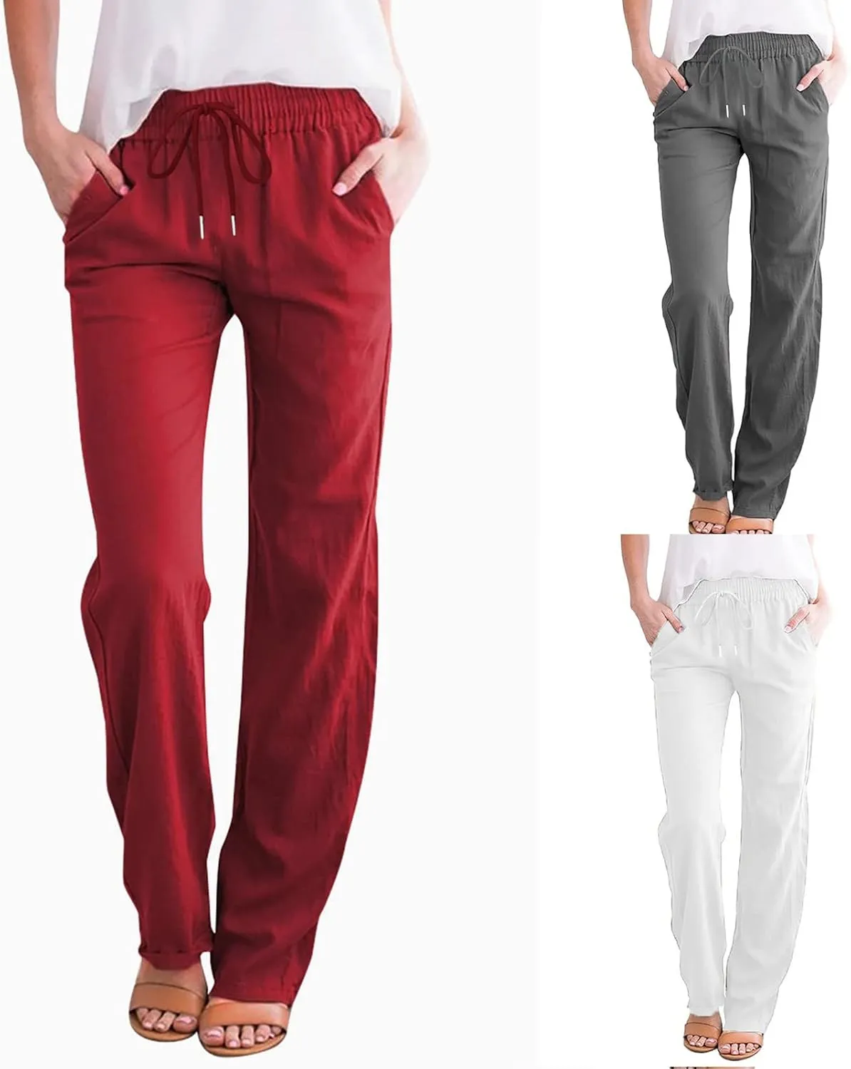 fartey Linen Pants Women Summer Casual Straight Leg Pants Drawstring Elastic High Waist Loose Comfy Trousers with Pockets