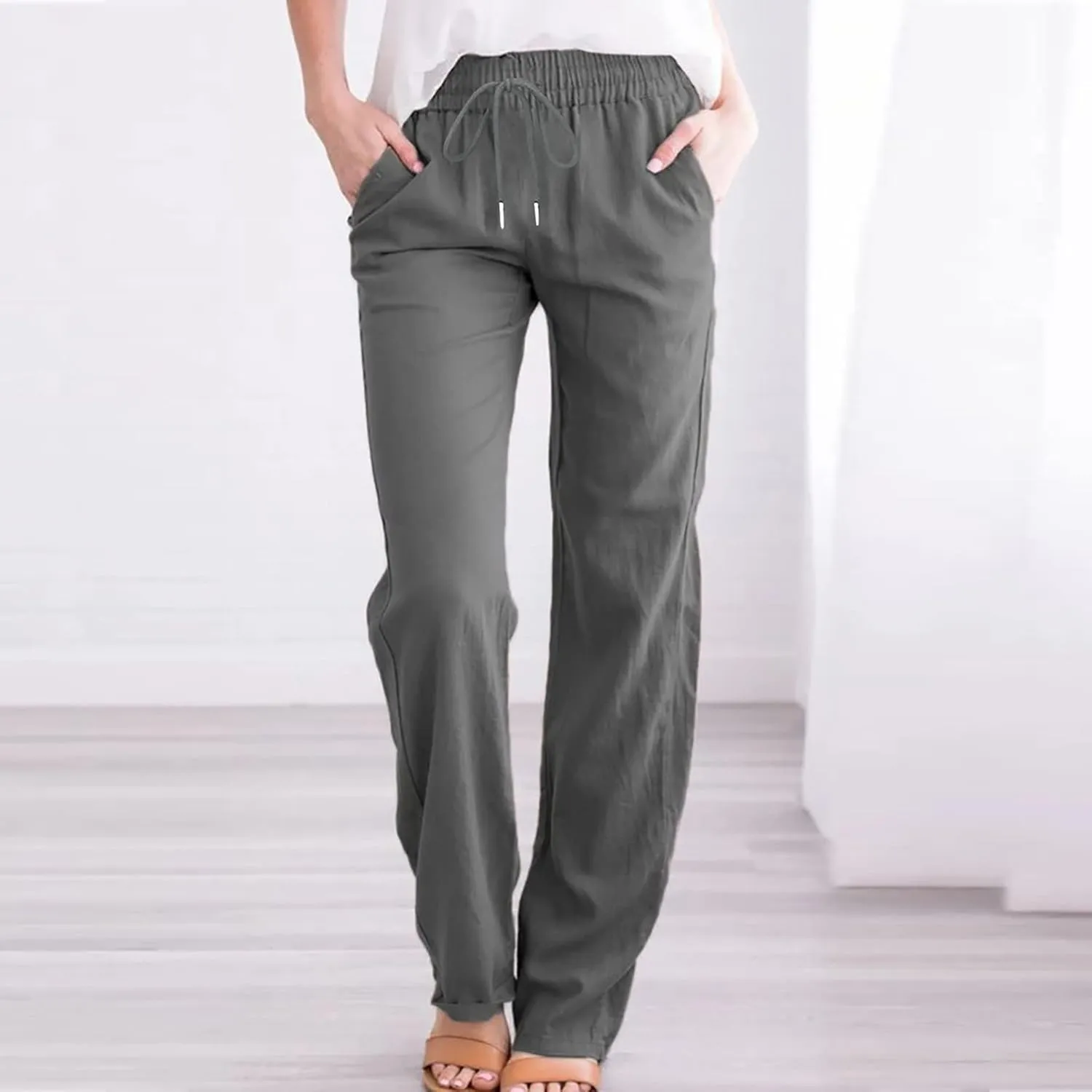 fartey Linen Pants Women Summer Casual Straight Leg Pants Drawstring Elastic High Waist Loose Comfy Trousers with Pockets