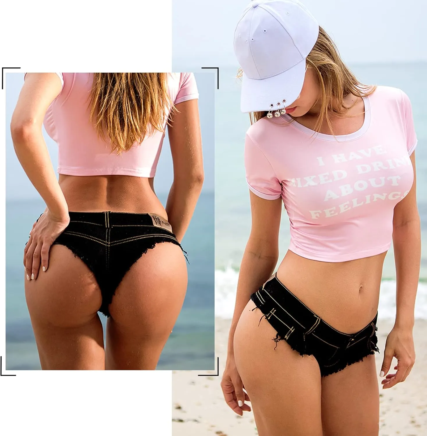 FEOYA Women's Low Rise Denim Shorts Sexy Cut Off Mini Hot Pants Lace Up Frayed Cheeky Booty Shorts Clubwear