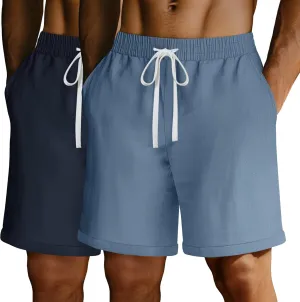 Ficerd 2 Pack Men's Big and Tall Linen Shorts Cotton Casual Elastic Waist Drawstring Summer Beach Shorts with Pockets