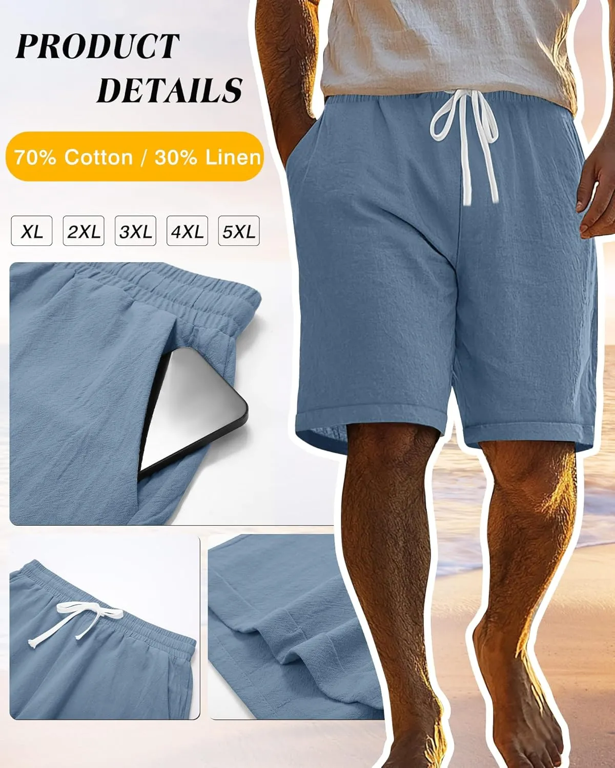 Ficerd 2 Pack Men's Big and Tall Linen Shorts Cotton Casual Elastic Waist Drawstring Summer Beach Shorts with Pockets