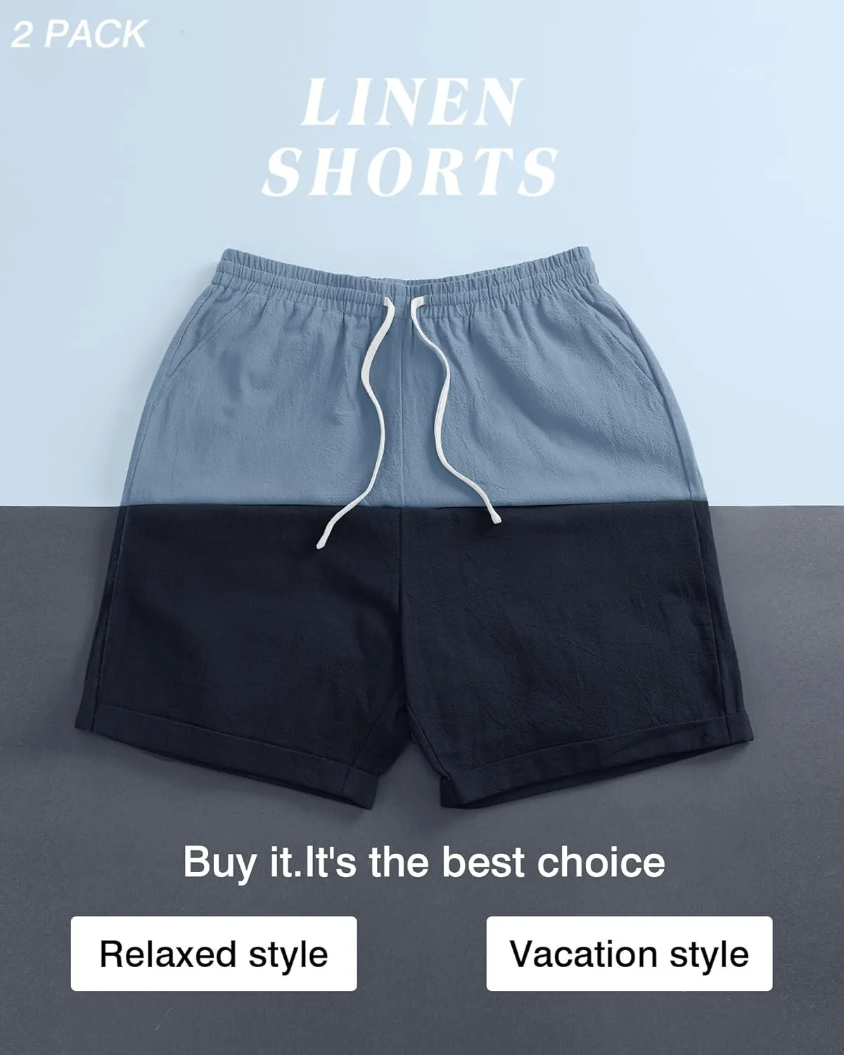 Ficerd 2 Pack Men's Big and Tall Linen Shorts Cotton Casual Elastic Waist Drawstring Summer Beach Shorts with Pockets