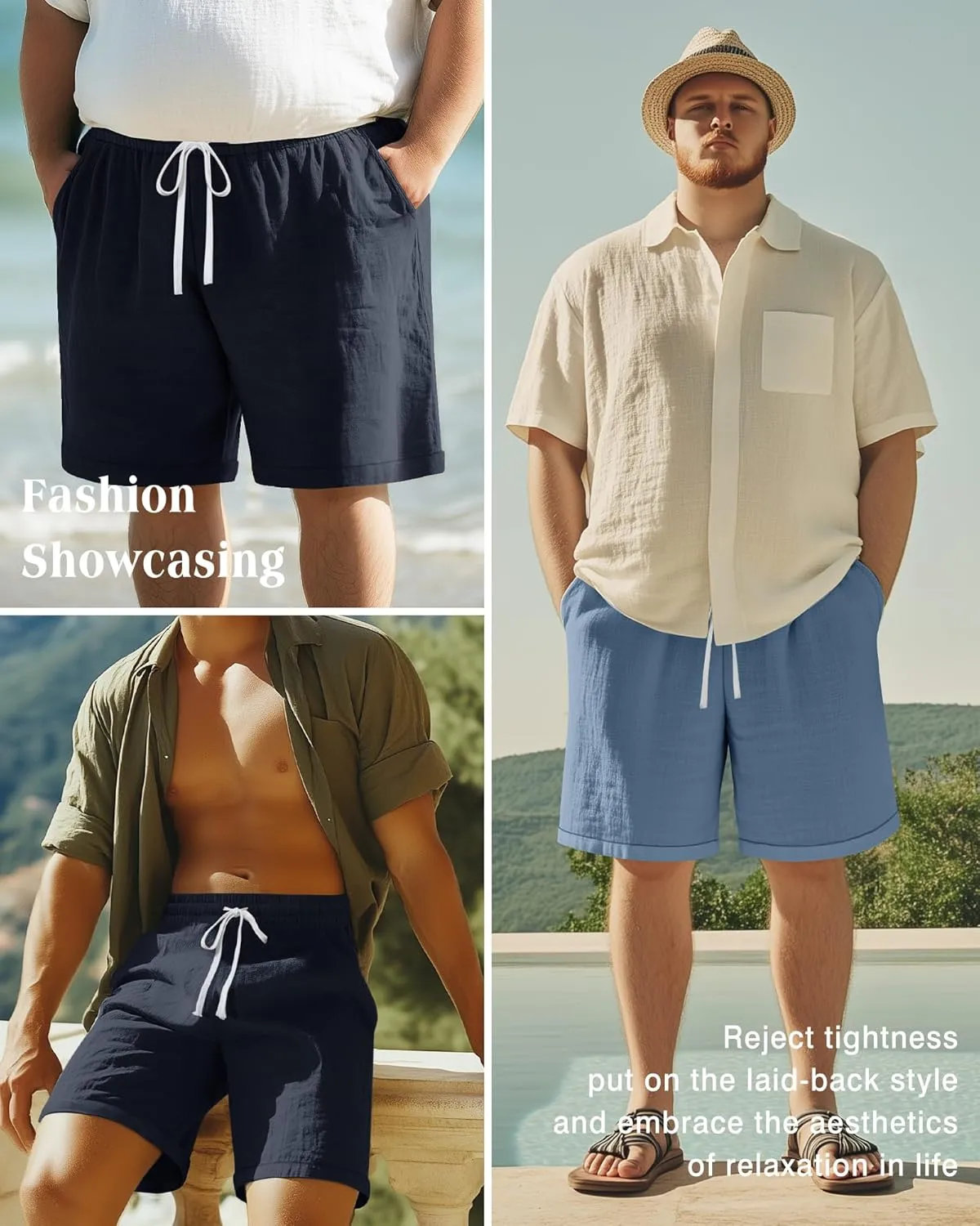 Ficerd 2 Pack Men's Big and Tall Linen Shorts Cotton Casual Elastic Waist Drawstring Summer Beach Shorts with Pockets