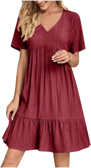 Finelylove Womens Summer Casual Mini Dress Short Sleeve V Neck A Line Sundress Ruffle Flowy Tiered Beach Vacation Dresses