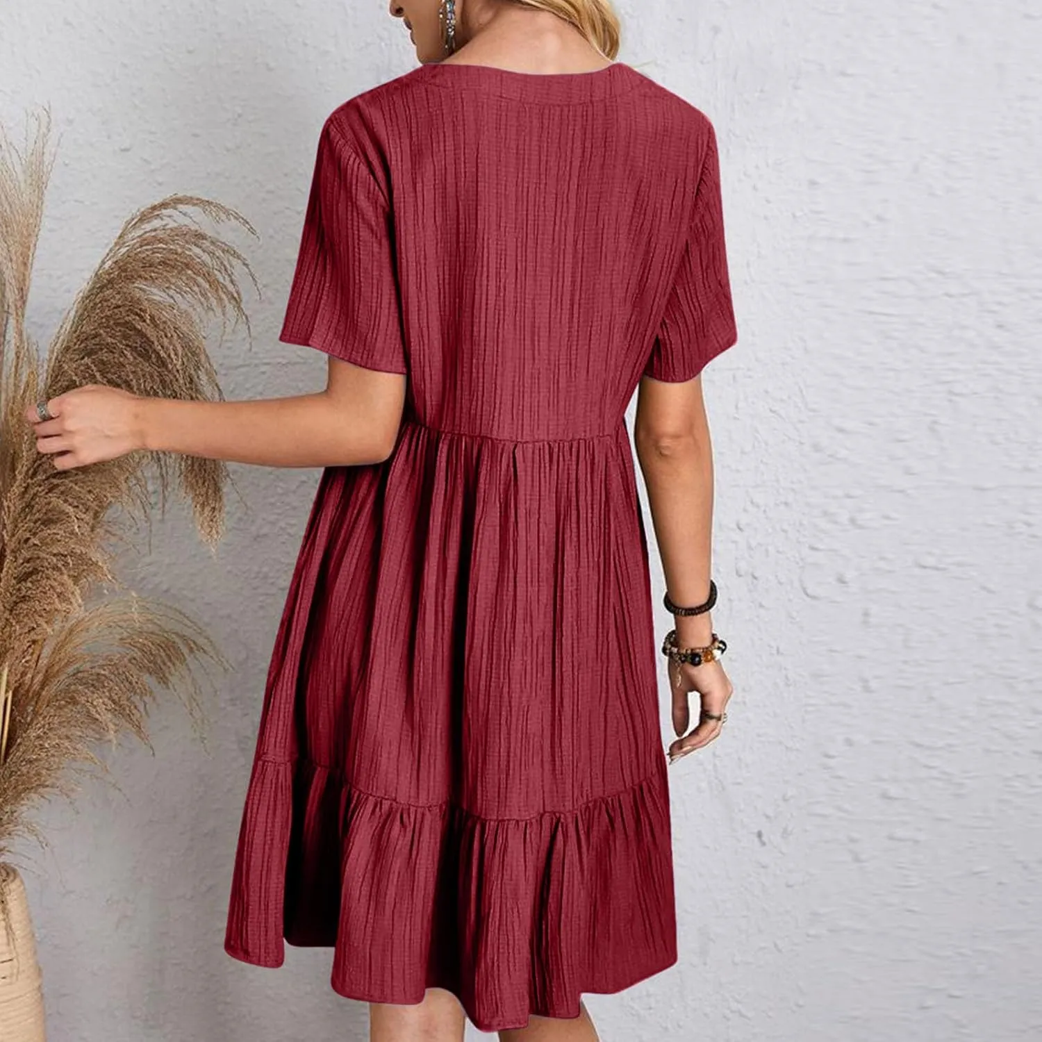 Finelylove Womens Summer Casual Mini Dress Short Sleeve V Neck A Line Sundress Ruffle Flowy Tiered Beach Vacation Dresses