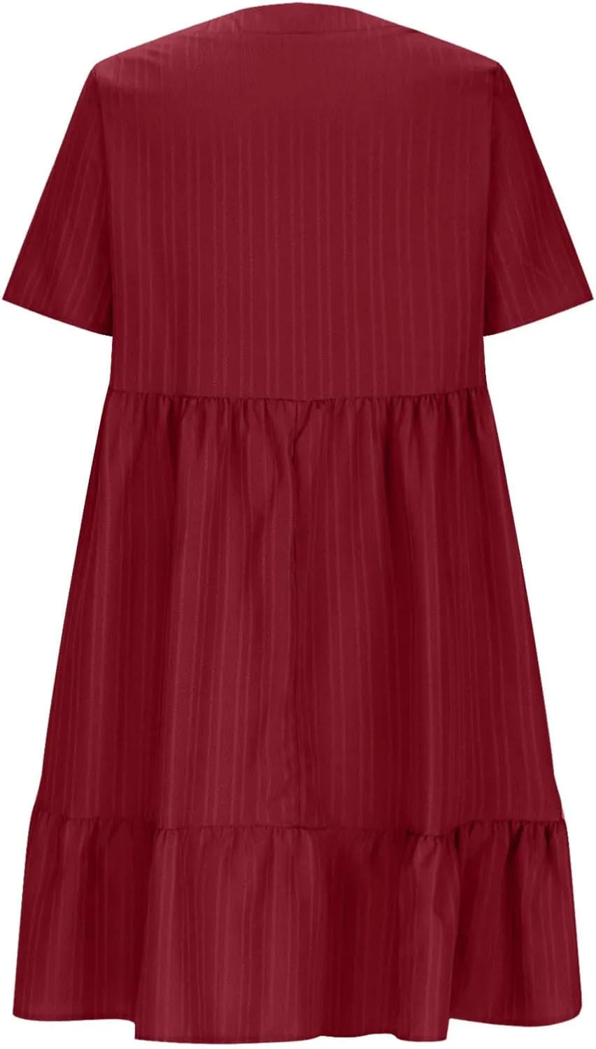 Finelylove Womens Summer Casual Mini Dress Short Sleeve V Neck A Line Sundress Ruffle Flowy Tiered Beach Vacation Dresses