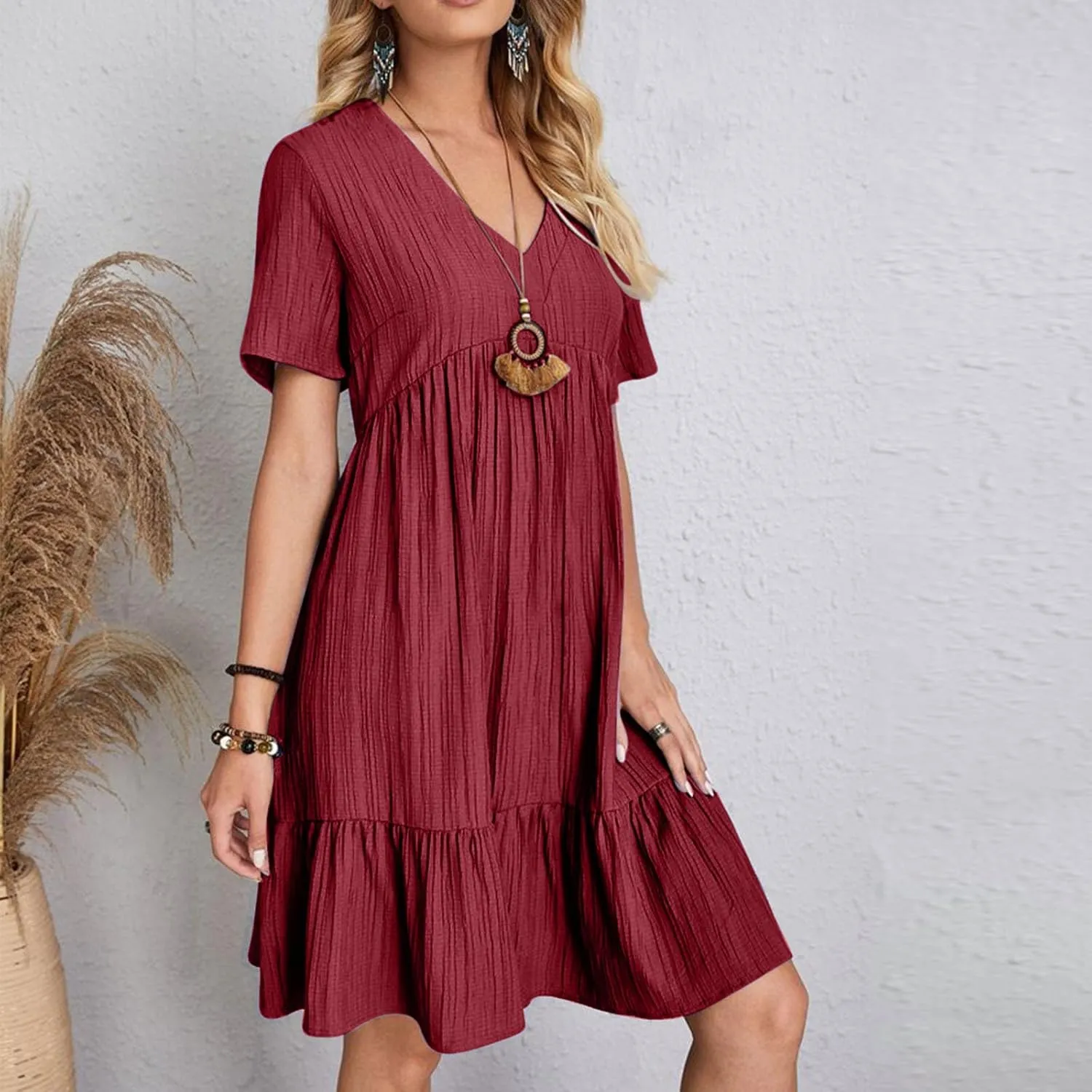 Finelylove Womens Summer Casual Mini Dress Short Sleeve V Neck A Line Sundress Ruffle Flowy Tiered Beach Vacation Dresses