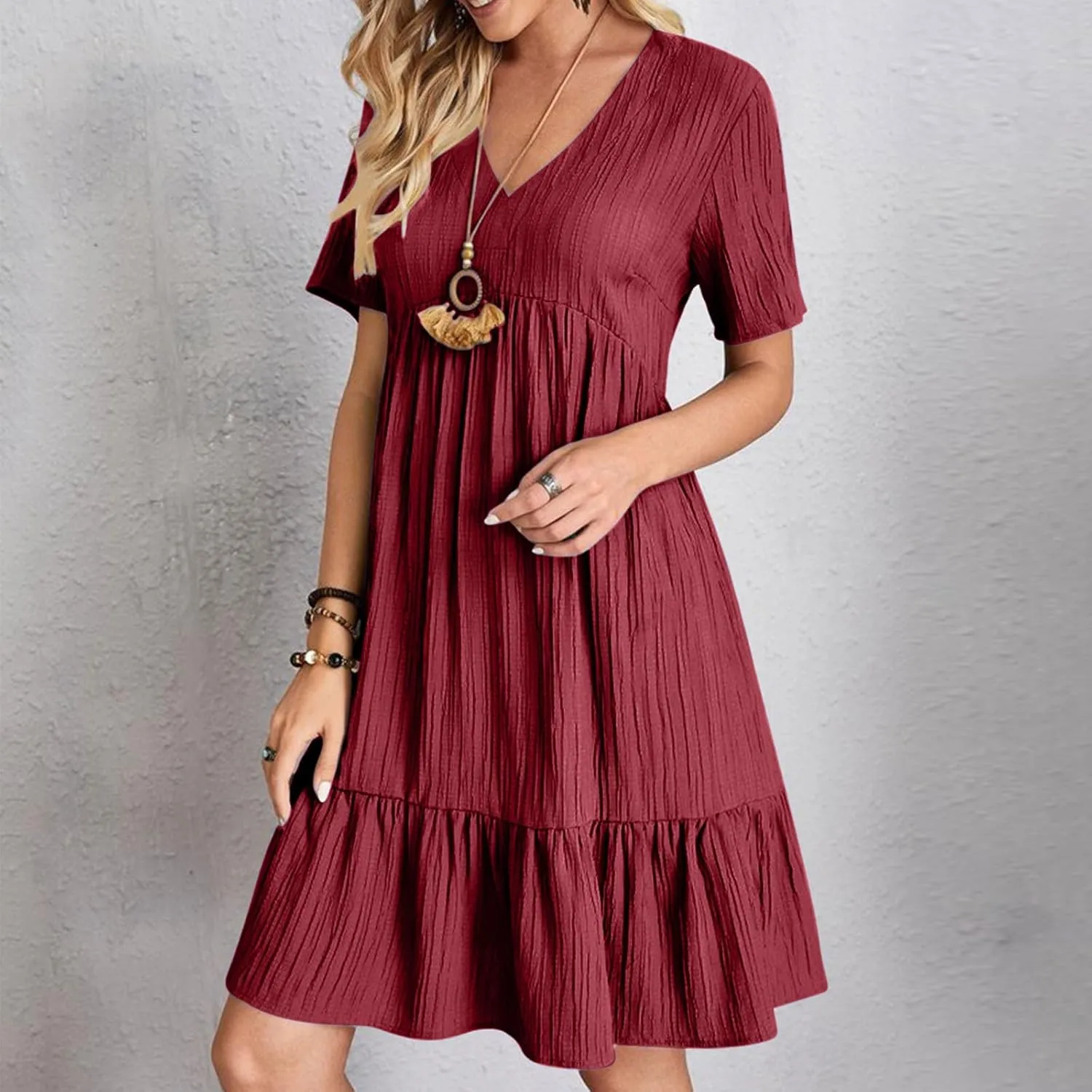 Finelylove Womens Summer Casual Mini Dress Short Sleeve V Neck A Line Sundress Ruffle Flowy Tiered Beach Vacation Dresses