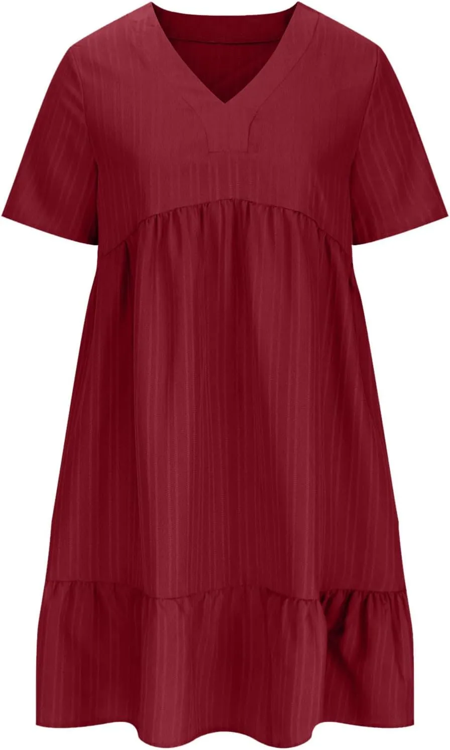 Finelylove Womens Summer Casual Mini Dress Short Sleeve V Neck A Line Sundress Ruffle Flowy Tiered Beach Vacation Dresses