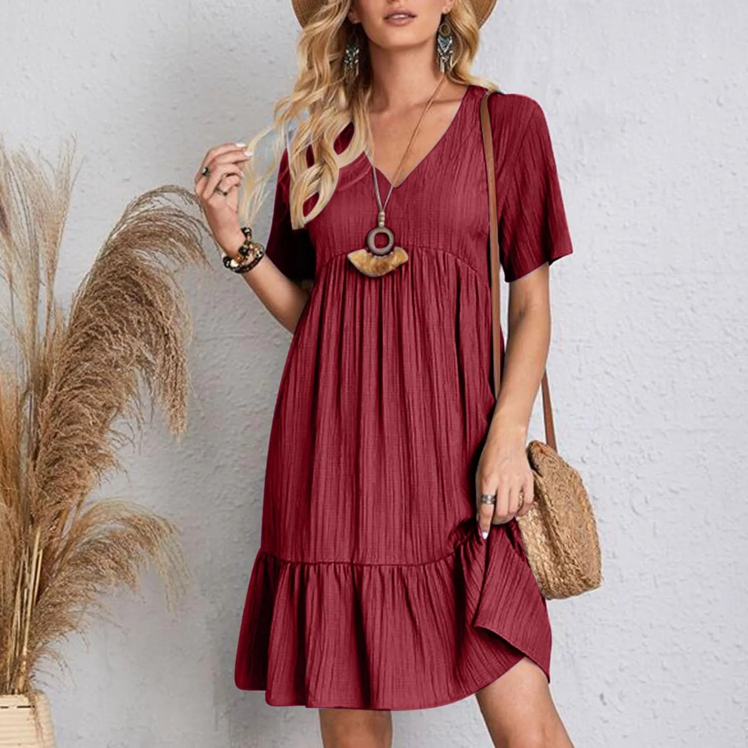 Finelylove Womens Summer Casual Mini Dress Short Sleeve V Neck A Line Sundress Ruffle Flowy Tiered Beach Vacation Dresses