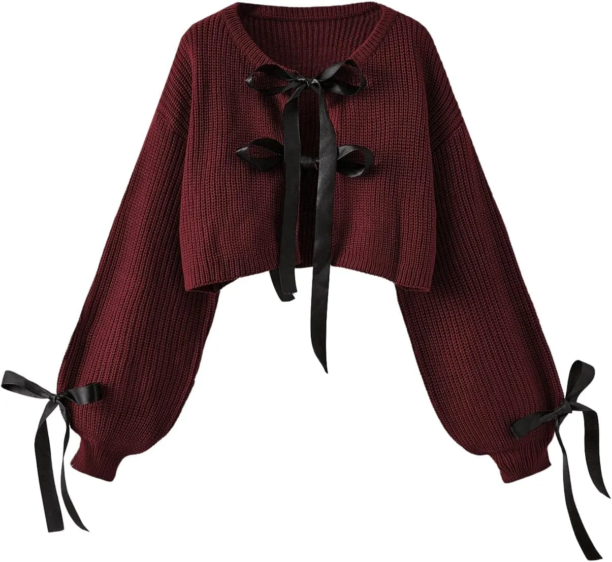 Floerns Women's Long Sleeve Bow Tie Front Knitted Cardigans Drop Shoulder Crop Sweaters