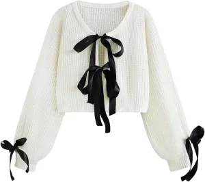 Floerns Women's Long Sleeve Bow Tie Front Knitted Cardigans Drop Shoulder Crop Sweaters