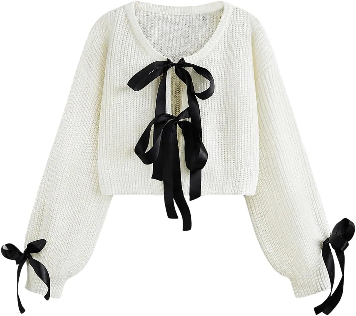 Floerns Women's Long Sleeve Bow Tie Front Knitted Cardigans Drop Shoulder Crop Sweaters