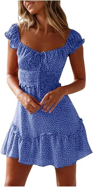 Floral Dress for Women Summer Ruffle Sleeve Sweetheart Neckline Mini Dresses Casual Cute Tie Front Boho Short Dress