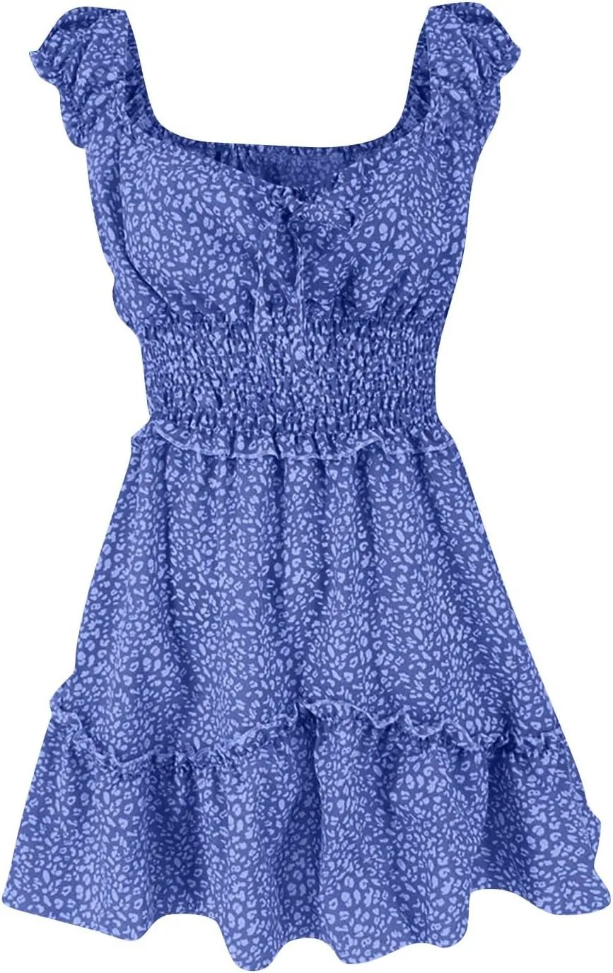 Floral Dress for Women Summer Ruffle Sleeve Sweetheart Neckline Mini Dresses Casual Cute Tie Front Boho Short Dress