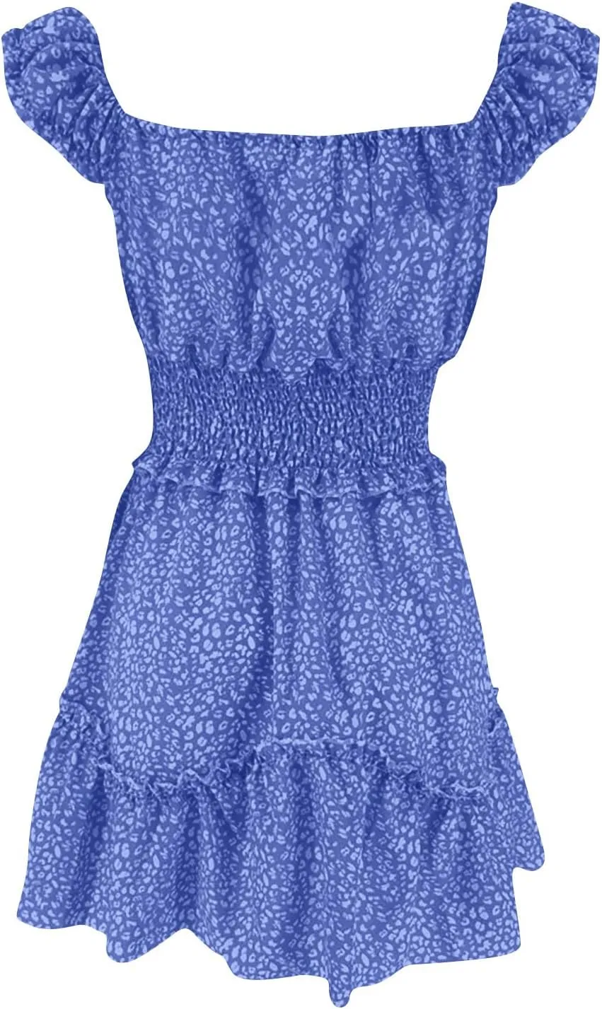 Floral Dress for Women Summer Ruffle Sleeve Sweetheart Neckline Mini Dresses Casual Cute Tie Front Boho Short Dress