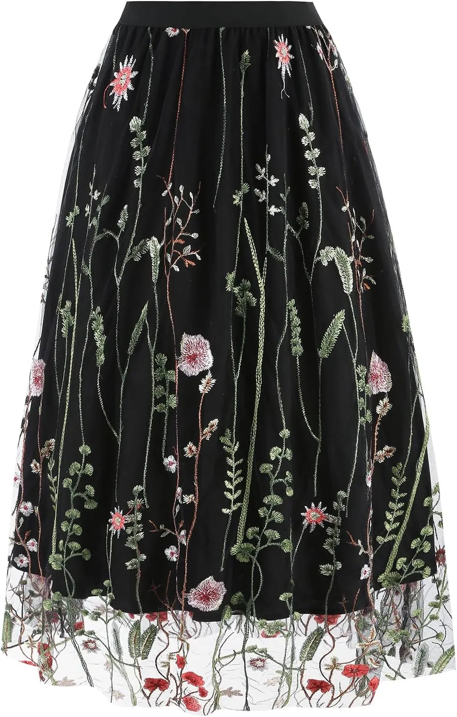 Floral Embroidered Women's Skirts - Vintage Tulle Wedding & Prom A-Line Flower Skirts with Elastic Waist