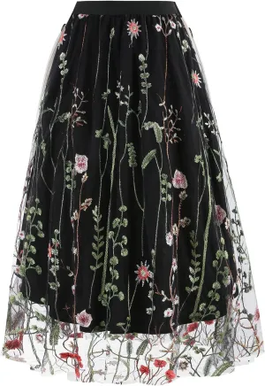 Floral Embroidered Women's Skirts - Vintage Tulle Wedding & Prom A-Line Flower Skirts with Elastic Waist