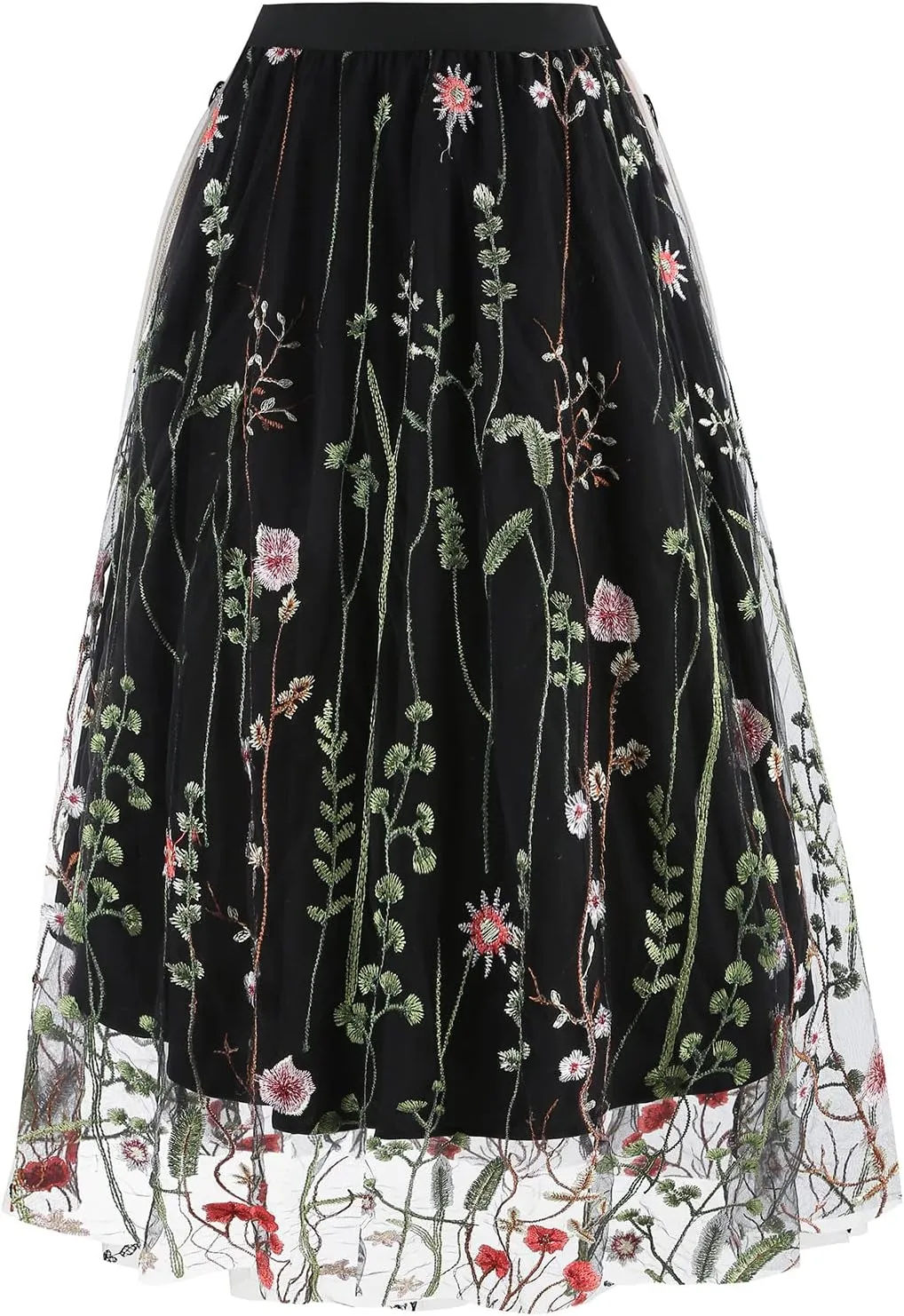 Floral Embroidered Women's Skirts - Vintage Tulle Wedding & Prom A-Line Flower Skirts with Elastic Waist