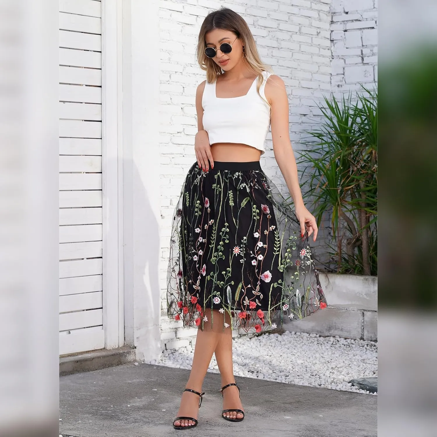 Floral Embroidered Women's Skirts - Vintage Tulle Wedding & Prom A-Line Flower Skirts with Elastic Waist