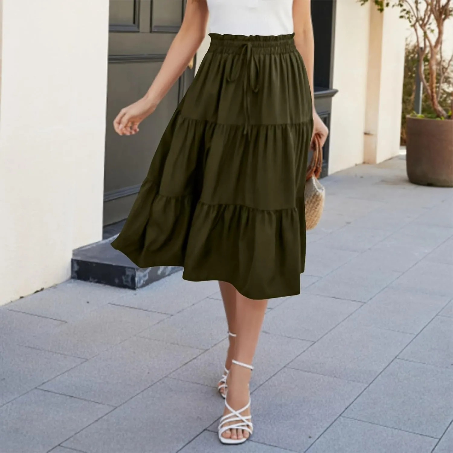Floral Maxi Skirts for Women Trendy Summer Boho Tiered Long Flowy Skirt Drawstring High Waisted Swing A-Line Skirt