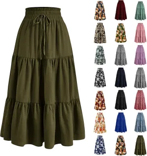 Floral Maxi Skirts for Women Trendy Summer Boho Tiered Long Flowy Skirt Drawstring High Waisted Swing A-Line Skirt