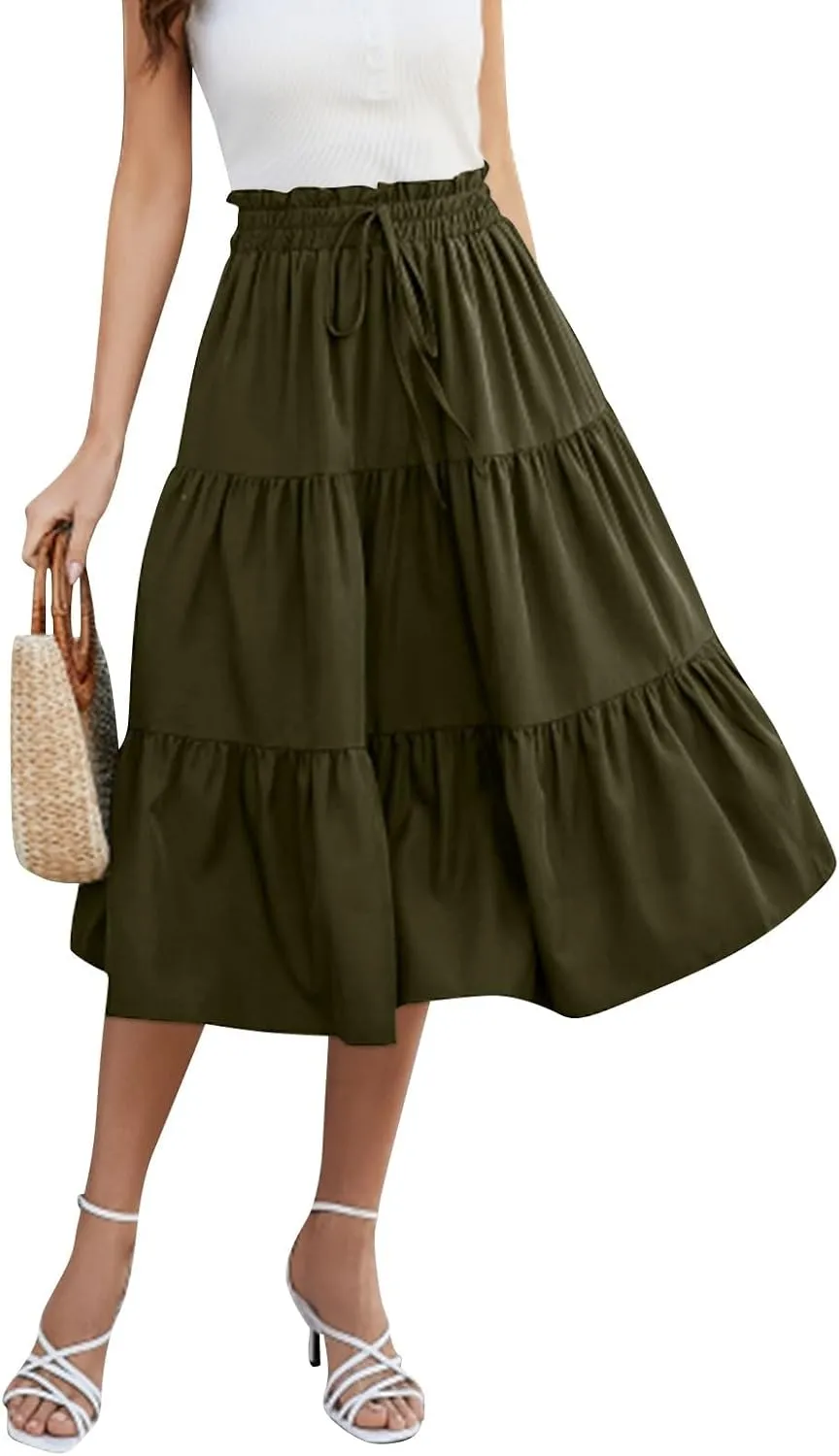 Floral Maxi Skirts for Women Trendy Summer Boho Tiered Long Flowy Skirt Drawstring High Waisted Swing A-Line Skirt