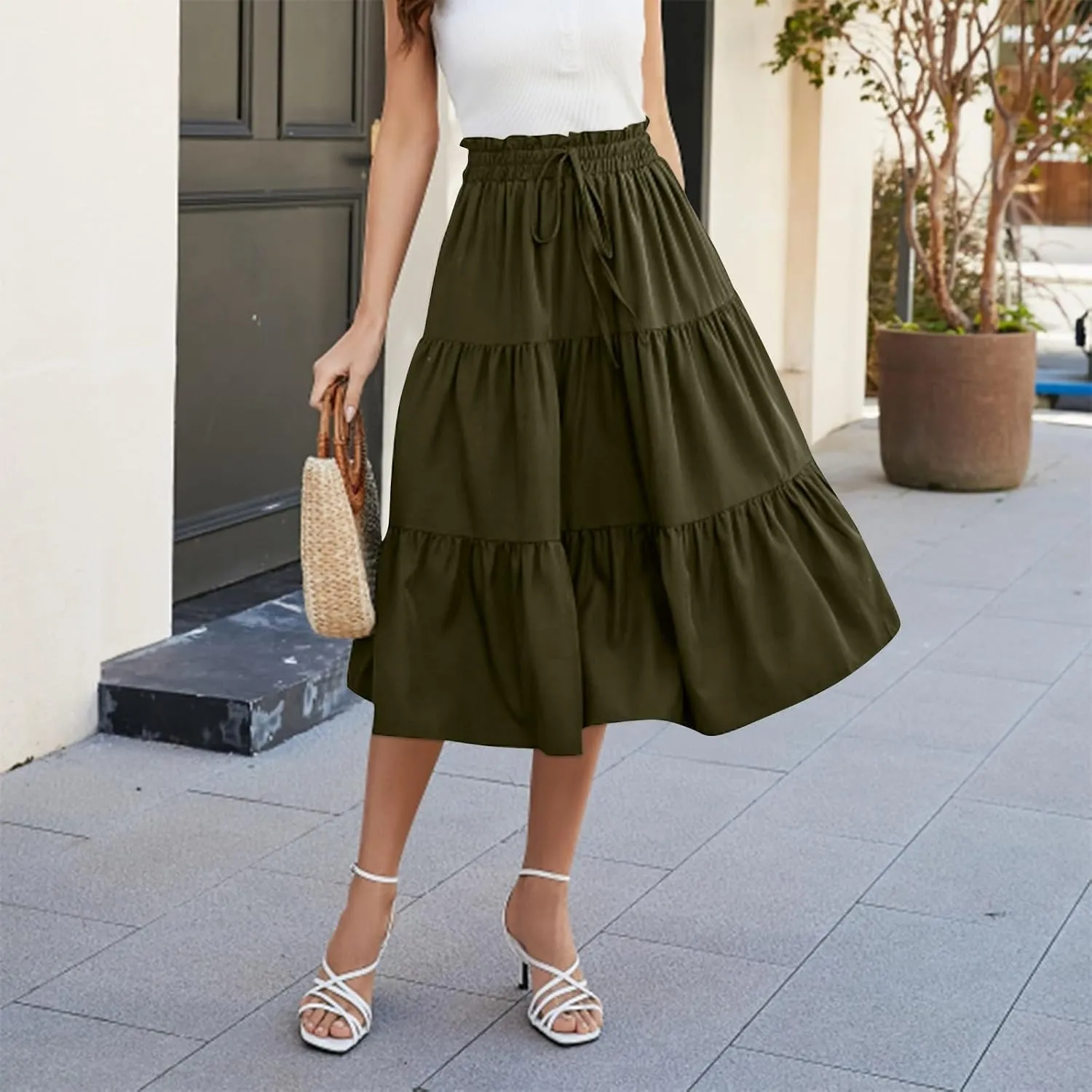 Floral Maxi Skirts for Women Trendy Summer Boho Tiered Long Flowy Skirt Drawstring High Waisted Swing A-Line Skirt