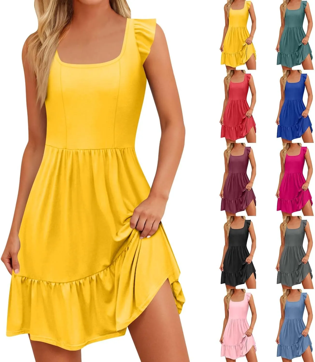Floral Midi Dresses for Women Ruffle Sleeveless Pleated Tunic Sundress Summer Boho Casual Beach Tiered Flowy Dresses